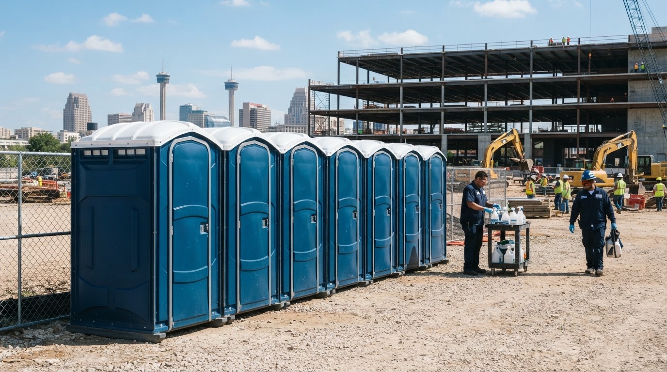 Row of clean blue portable toilets neatly placed on an outdoor San Antonio commercial construction site under clear skies