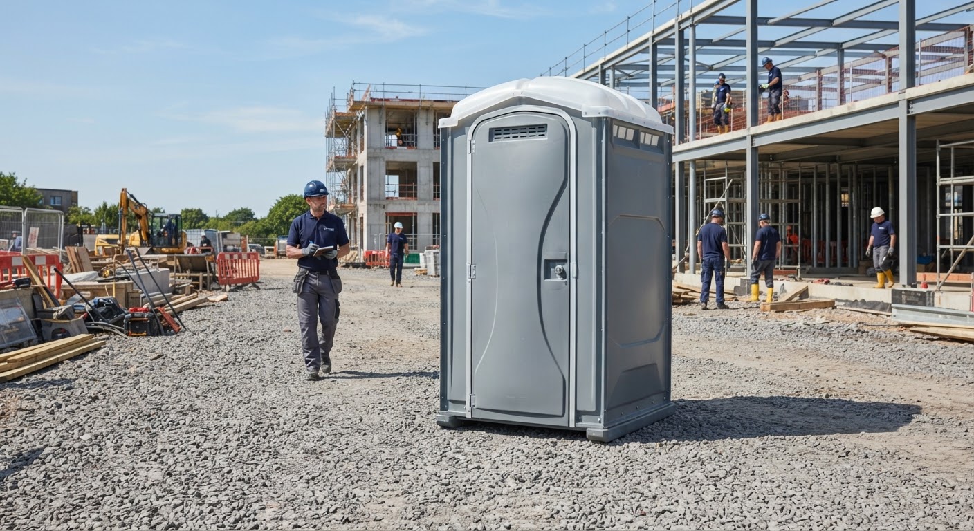 Clean individual portable toilet unit staged on level gravel at an active work site