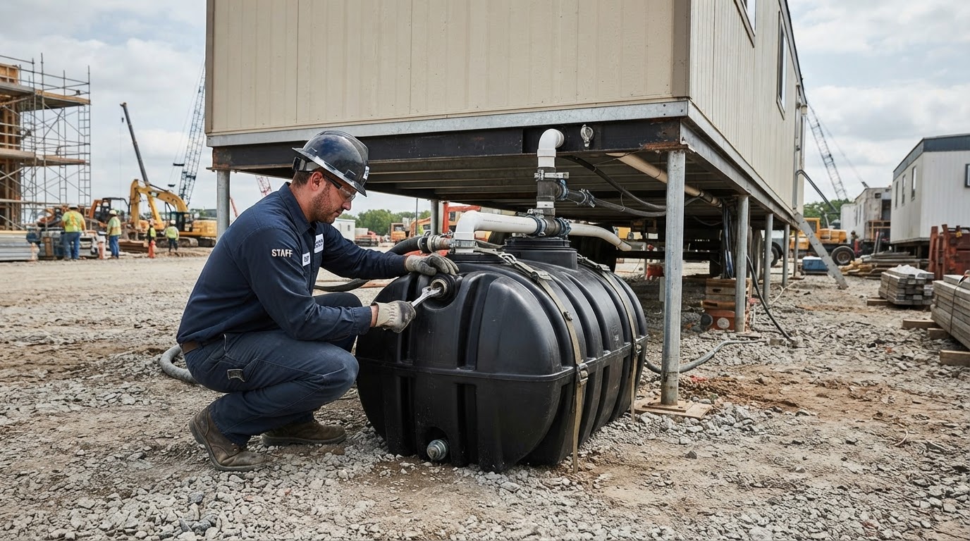 Heavy-duty low profile auxiliary waste tank installed beneath an on-site office trailer