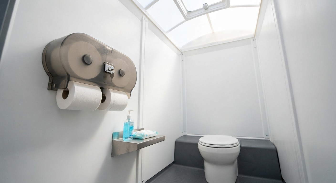 Restocked interior of a portable restroom showing organized commercial paper supplies and dispenser