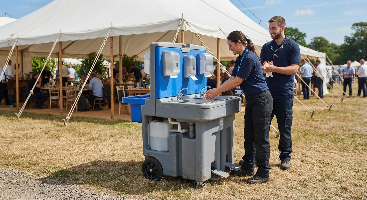 Standalone dual-sided outdoor hand wash station with foot pumps and soap dispensers
