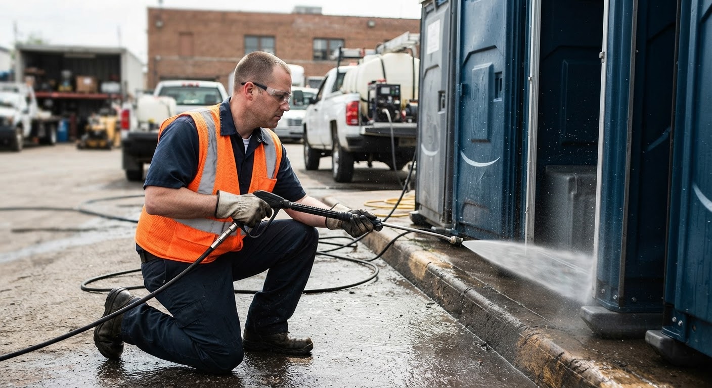 Sanitation professional in safety gear performing pressure cleaning and sanitizing on a portable restroom