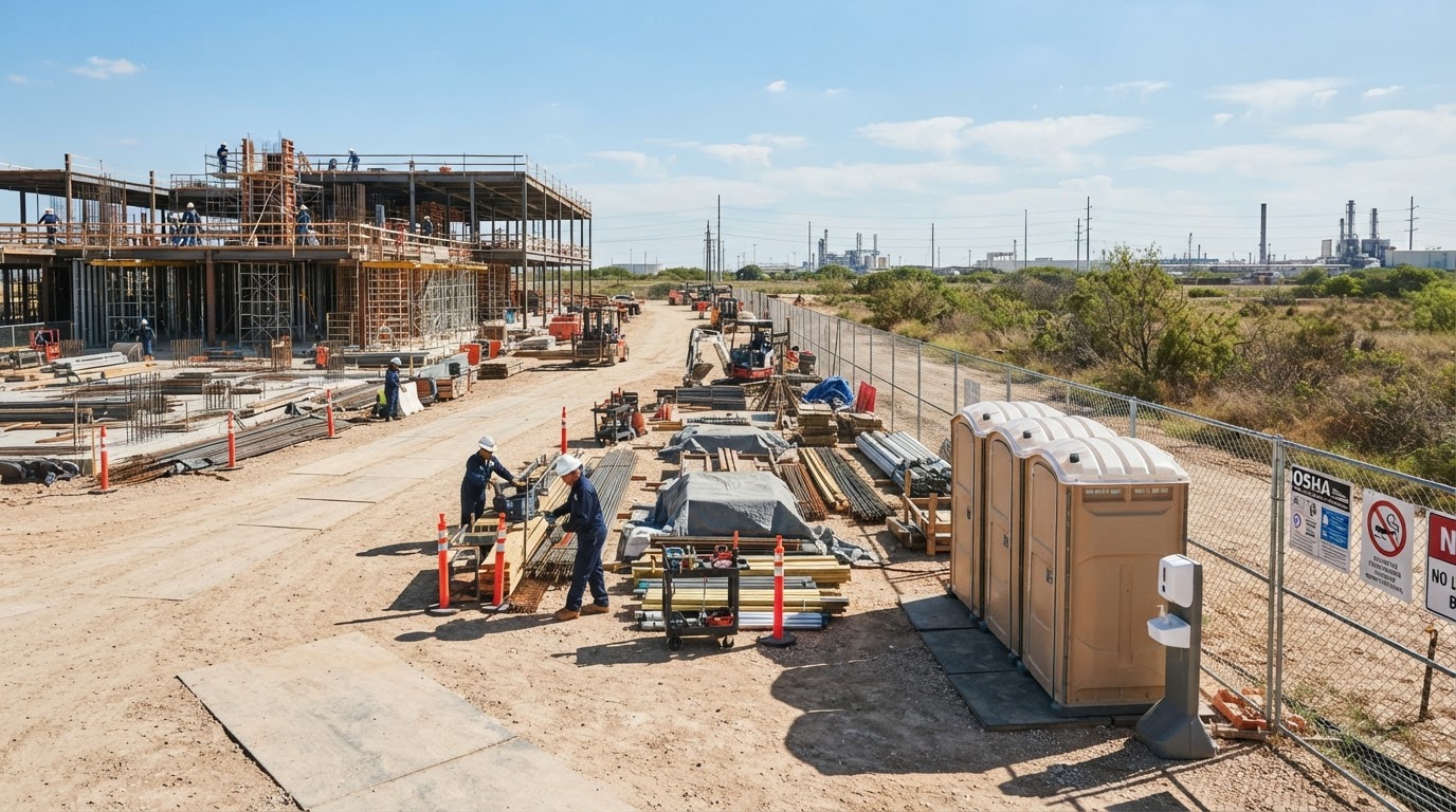 San Antonio construction site showing cleanly placed portable sanitation facilities