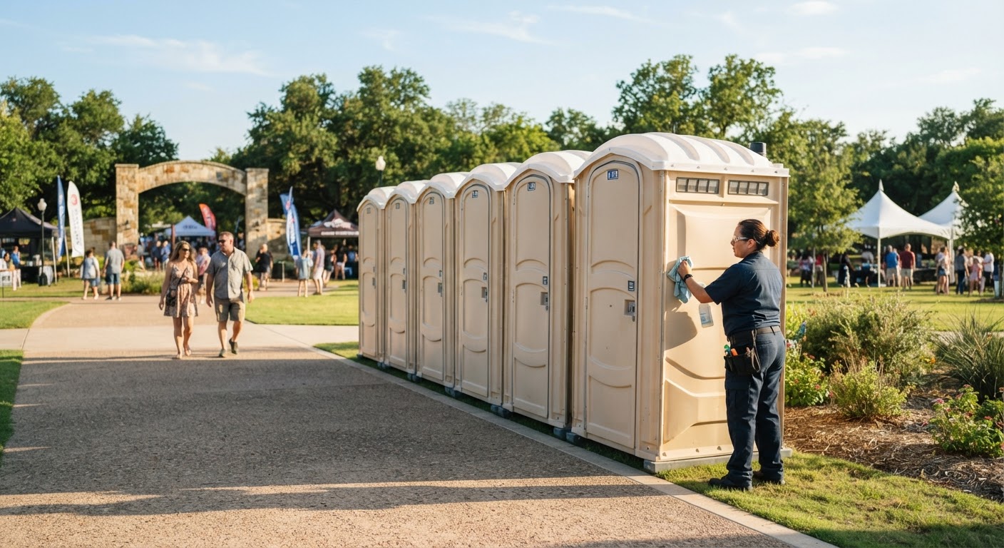 Portable restroom units neatly arranged along the perimeter of an outdoor festival grounds