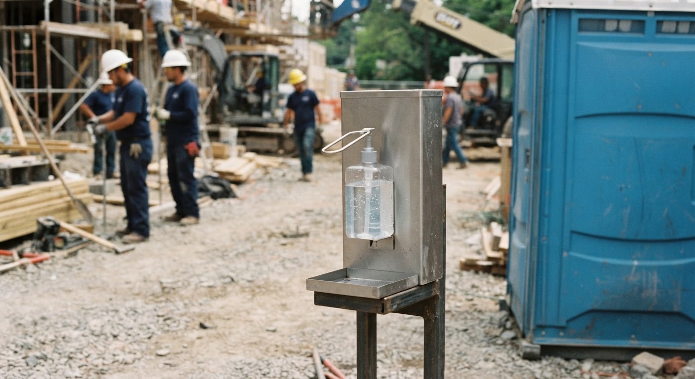 Close-up detail of a touchless hand sanitizing dispenser stand on an outdoor job site