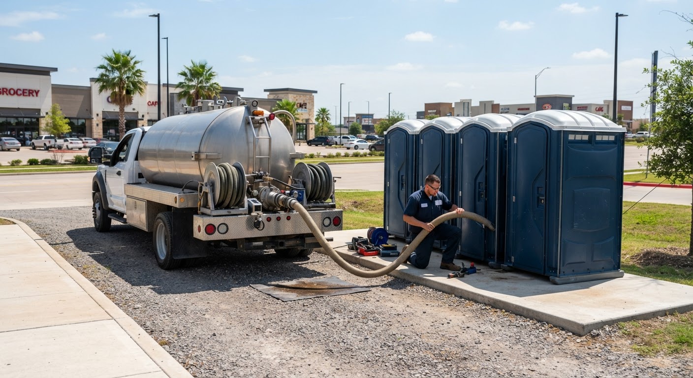 Sanitation service vehicle parked safely while performing scheduled maintenance on site units
